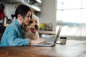 Young Asian woman using laptop next to her dog, sitting at dining table working from home.